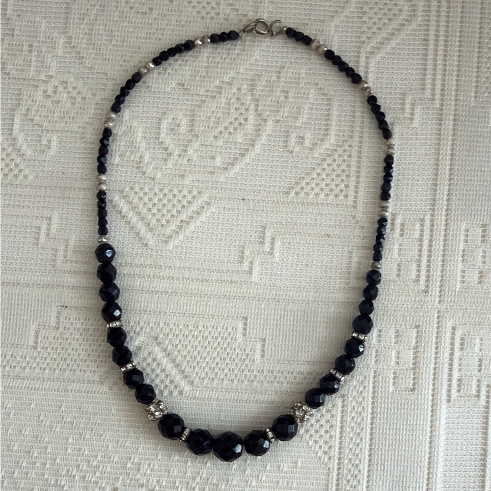 Vintage 1950's Onyx Beads with rhinestone metallic spacers